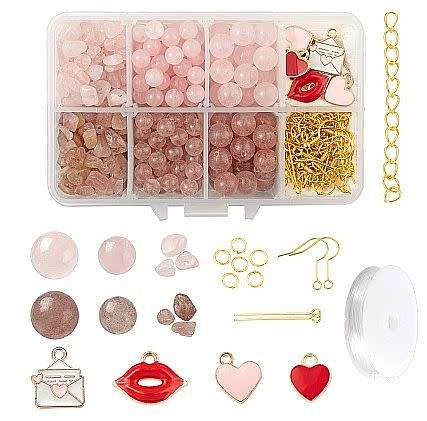 ***DIY*** Natural  Strawberry Quartz/ Rose Quartz /  Alloy Enamel Charms / Gold Tone / Jewelry Kit