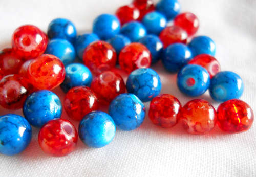 40 Red & Blue Marble Glass  Beads  - 6mm - 1 Pack