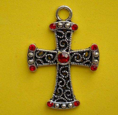 Cross Pendant *** With Red Stones***  Antique Silver