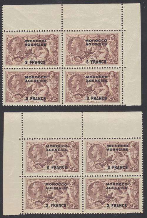 MOROCCO AGENCIES - 1917 - GB 2/6 SEAHORSES 2 X BLOCKS OF 4 - O/P '3 FRANCS' - R1500++