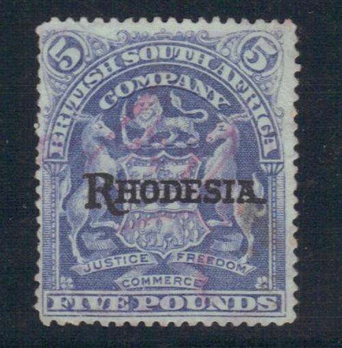 BSAC - 1909 - 5 POUND DEEP BLUE WITH 'RHODESIA' OVERPRINT - FISCALLY USED - A RARE STAMP - R10000