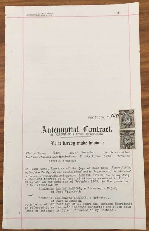 Union of SA - 1933 - Antenuptial Contract with 2 x 10s Revenues - Excellent Condition!!