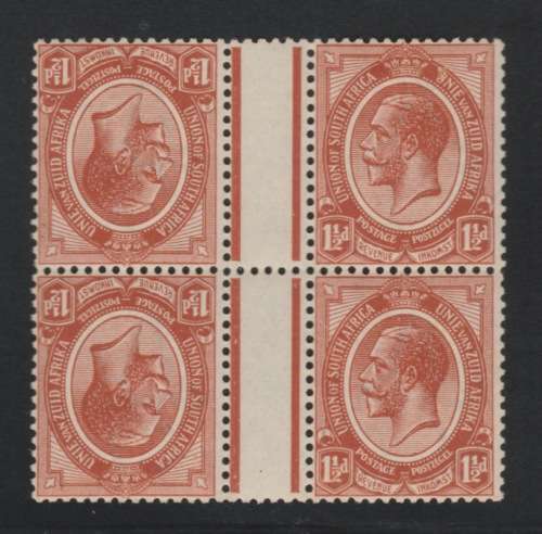 UNION OF SA 1920 - KGV 11/2d CHESTNUT tete-beche GUTTER BLOCK OF 4 - MNH - CAT VALUE £140+