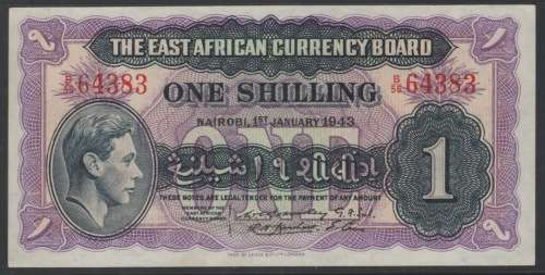 EAST AFRICA 1943 - KGVI 1 SHILLING NOTE - XF CONDITION - ACTUAL MARKET VALUE £120+