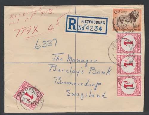 SOUTH AFRICA/SWAZILAND COVER 1958 - 4 x  1d CHALK SURFACED POSTAGE DUES ATTACHED IN SWAZILAND