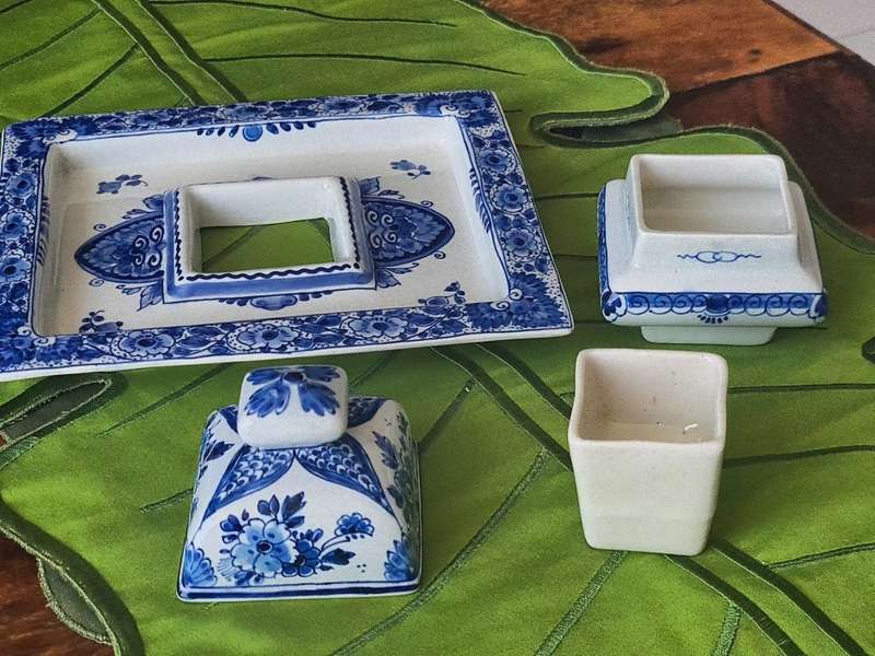 Very Rare!!!  Antique Delftware Writing / Desk Set & inkwell