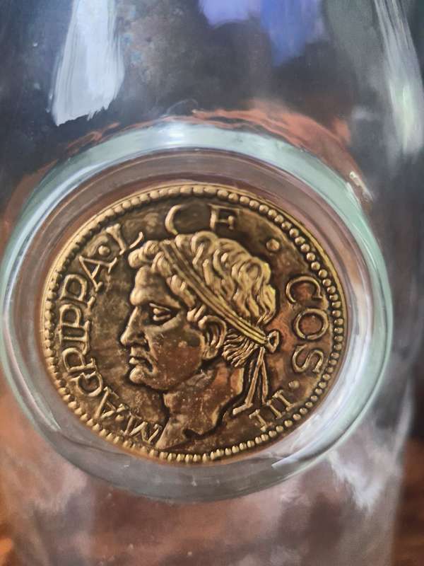 Striking Vintage Italian Decanter Embossed With Gold Coin Made in Ital