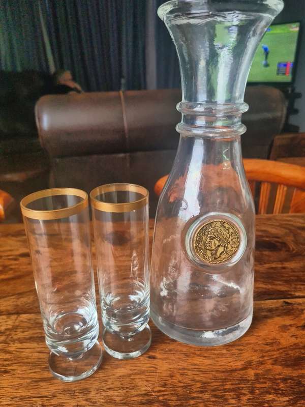 Striking Vintage Italian Decanter Embossed With Gold Coin Made in Ital