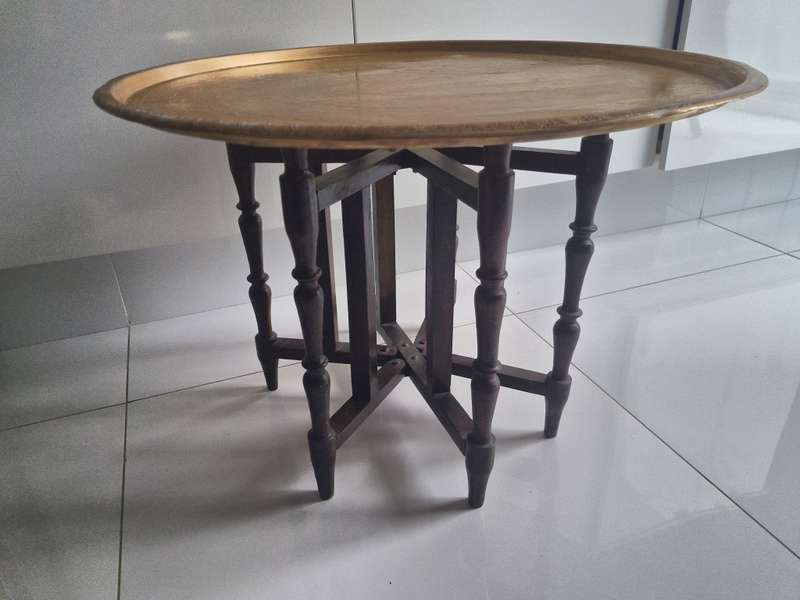 58CM Large Moroccan brass tray table on fold up stand