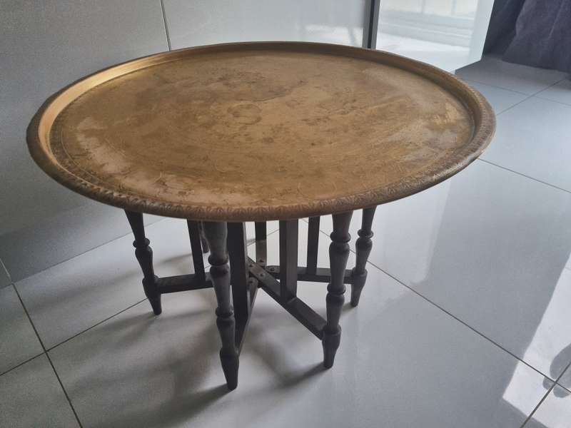 58CM Large Moroccan brass tray table on fold up stand