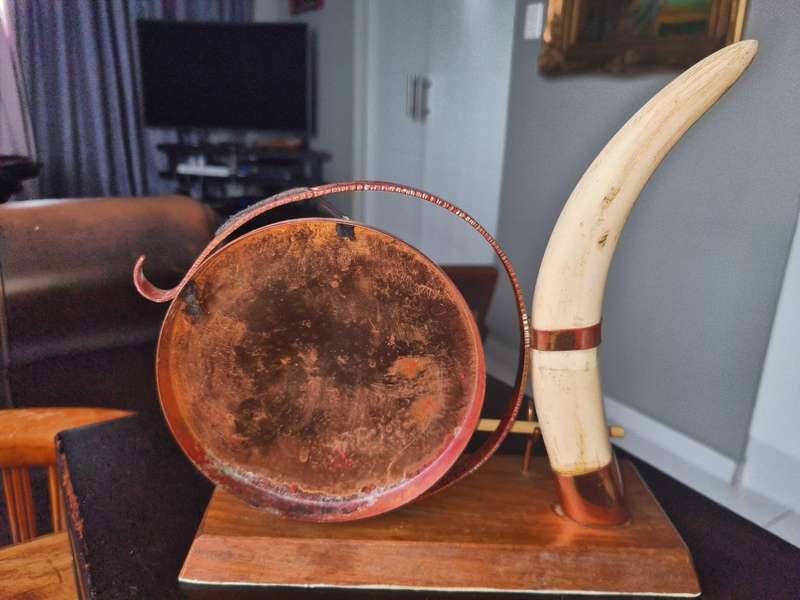 Vintage Brass Dinner Gong on Wood  Base -