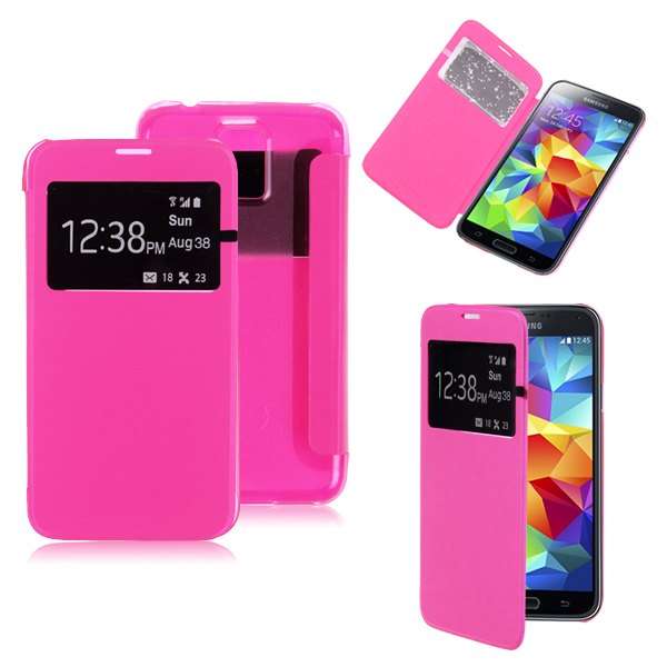 Samsung Galaxy S5 Flip Cover -Pink (Window View Flip Leather Transparent Case)
