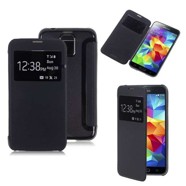 Samsung Galaxy S5 Flip Cover -Black (Window View Flip Leather Transparent Case)
