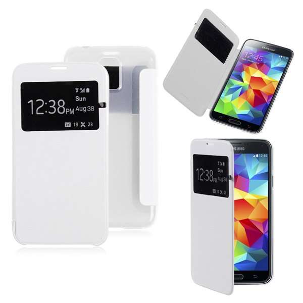 Samsung Galaxy S5 Flip Cover -White (Window View Flip Leather Transparent Case)