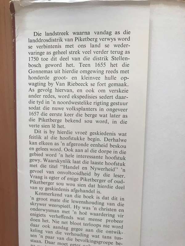 Piket Teen 'n Berg : Die Geskiedenis van Piketberg 1660-1970 (W A Burger)
