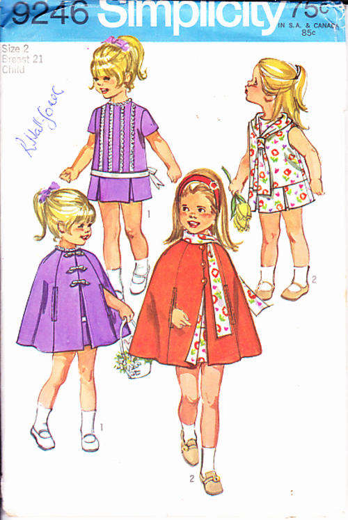 Vintage Sewing Pattern: 9246 Simplicity Child Size 2: Child's Cape, dress and scarf