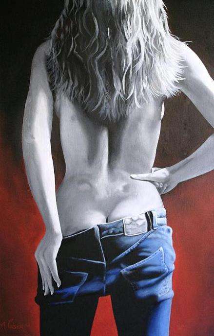 By Mario Pelser - Canvas (Monotone Denim Girl on colour background) - 900 x 600 x 50mm - HANG AS IS!