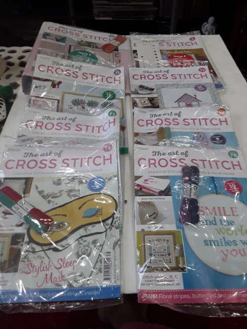 8 ISSUES OF THE ART OF CROSS STITCH  INCL.PATTERNS,COTTONS ,FILE ETC(26 PIECES)ONE BID