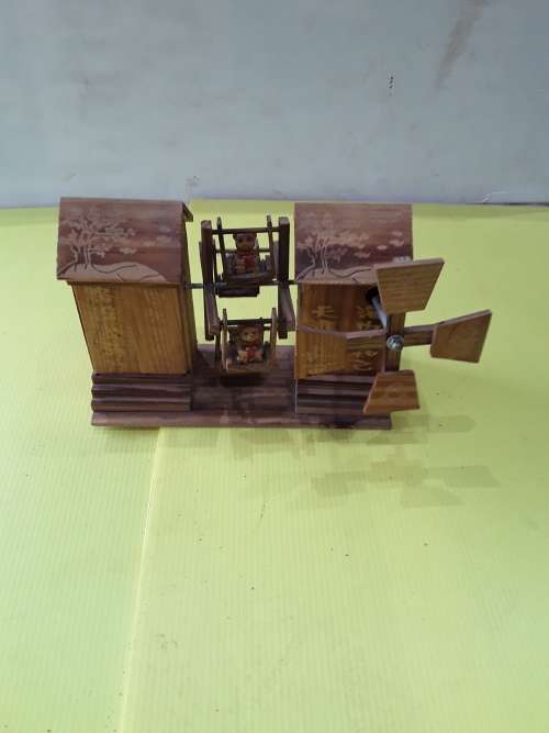 WOODEN WIND UP MUSICAL  CHINESE HOME WITH TEDDIES ON SWING(WORKS)