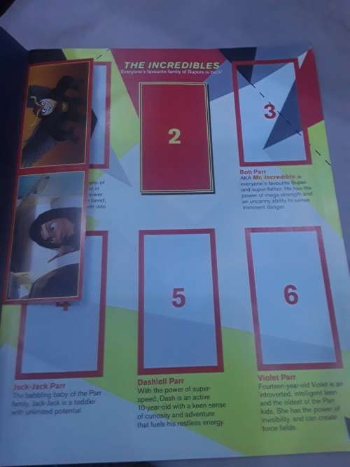 BOX OF 36 PACKETS INCREDIBLES 2 STICKERS(5-6 STICKERS IN A PACK) AND A STICKER ALBUM