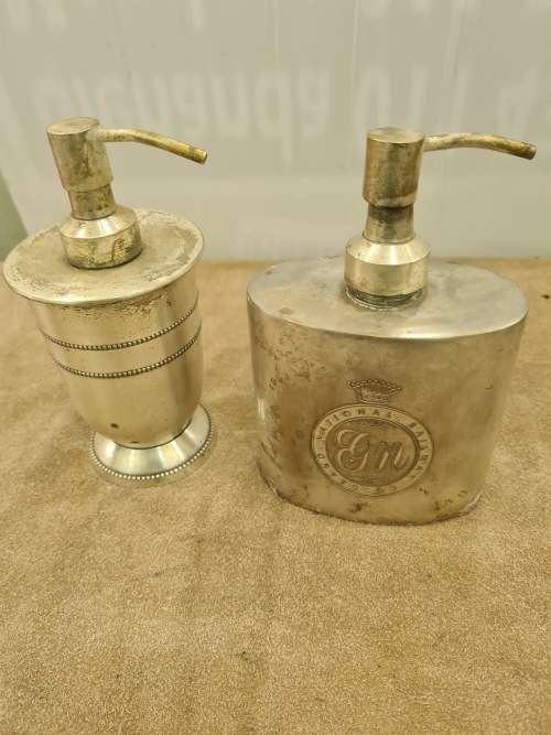 2 PIECE VINTAGE SILVERPLATED NATIONAL RAILWAY CO.SOAP DISPENSERS