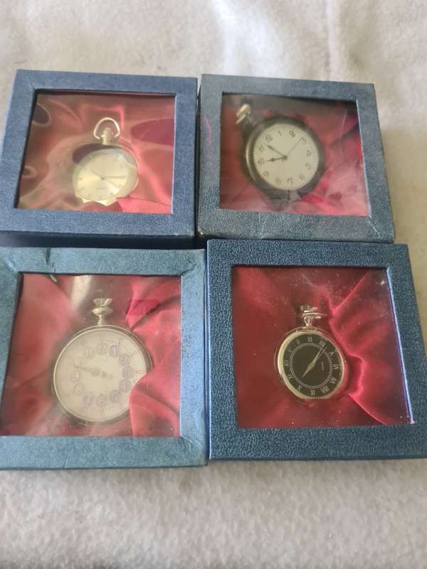 SET OF FOUR QUARTZ METAL POCKETWATCHES (MAKES GREAT GIFTS)