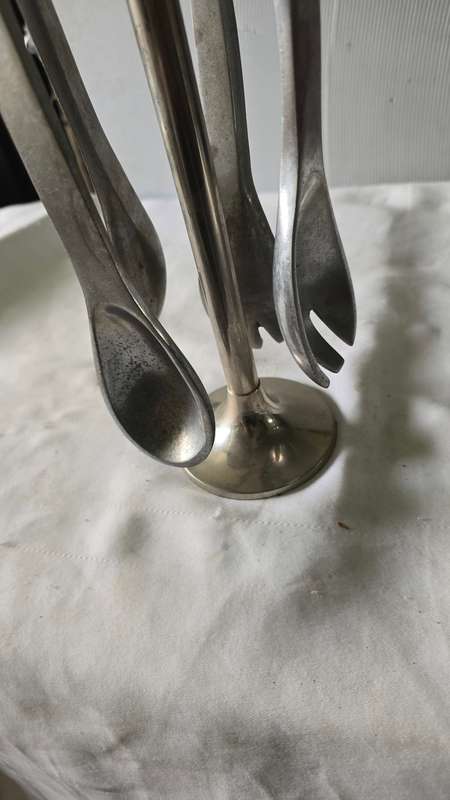 4 PIECE PEWTER CAROL BOYES STYLE SALAD SERVERS ON STAND