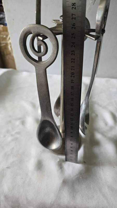 4 PIECE PEWTER CAROL BOYES STYLE SALAD SERVERS ON STAND