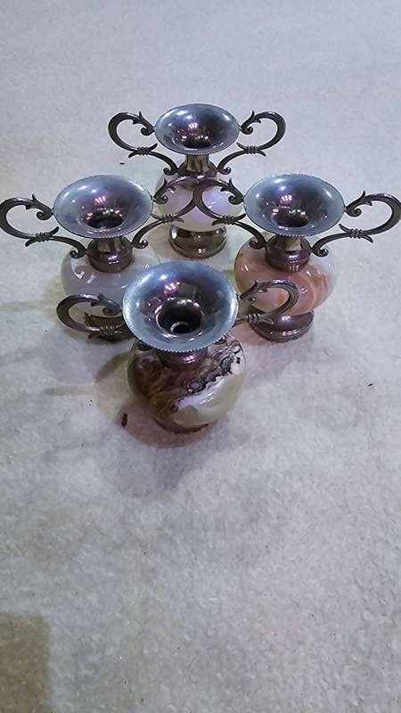 4 PIECE STUNNING SILVERPLATED AND MARBLE BUD VASES(MINT CONDITION)
