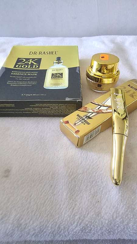 3 X 24K GOLD FACE PRODUCTS(5 ESSENCE MASK,WATERPROOF EYELINER, EYE GEL CREAM)