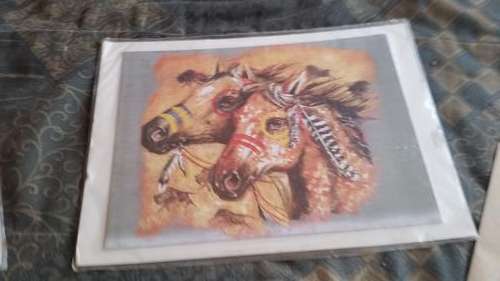 VINTAGE RED INDIAN HORSE PICTURE ON BOARD-SEE ESCRIPTION