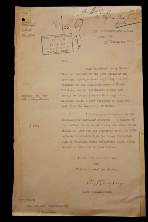 Secret document signed by the High Commissioner in S.A. Sir Herbert James Stanley
