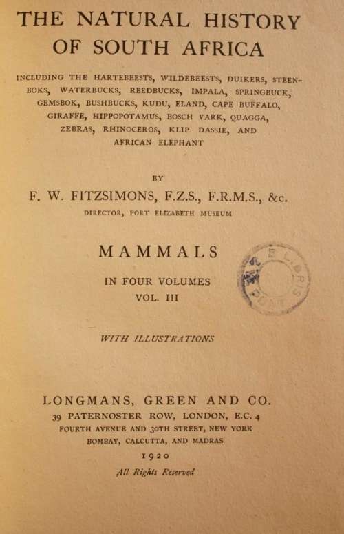 The Natural History Of South Africa - MAMMALS (Complete 4 Volume Set, 1919-1920) by F. W. Fitzsimons