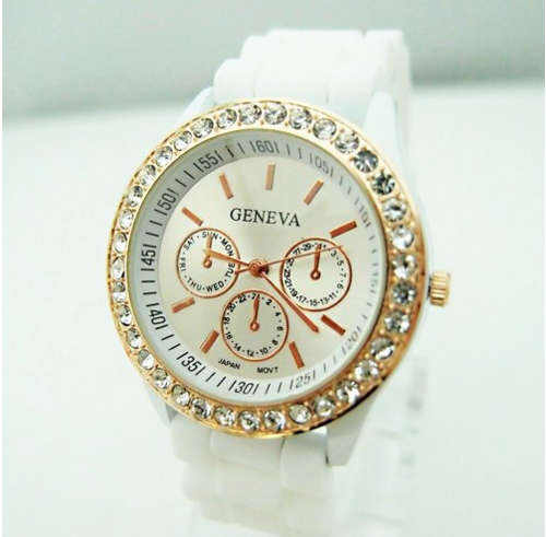 High Quality Silicone White Ladies Watch with Diamante Dial