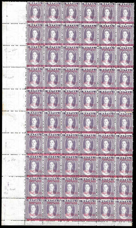 1895 NATAL 1/2d on 6d Left Marginal Block of 60, with Listed Varieties