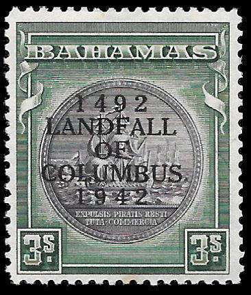 Bahamas 1942 3/- VARIETY, STOP AFTER COLUMBUS, CV R 50,000.00+