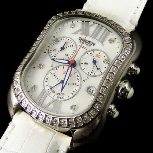 100% Swiss Made Ladies GRUEN SWISS 51 DIAMOND Mother of Pearl Chronograph- Rare!