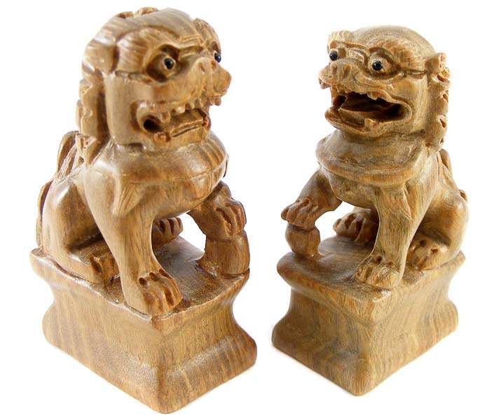 Authentic Japanese Sandalwood Foo Dog Carved Netsuke Figurines