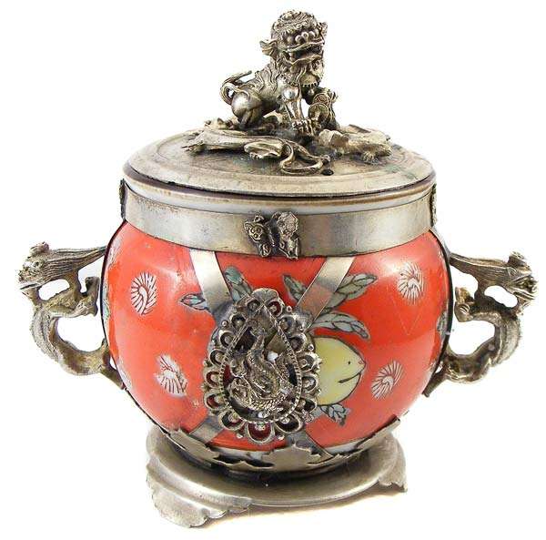 Vintage Tibetan Foo Dog Porcelain/Silver Insence burner!