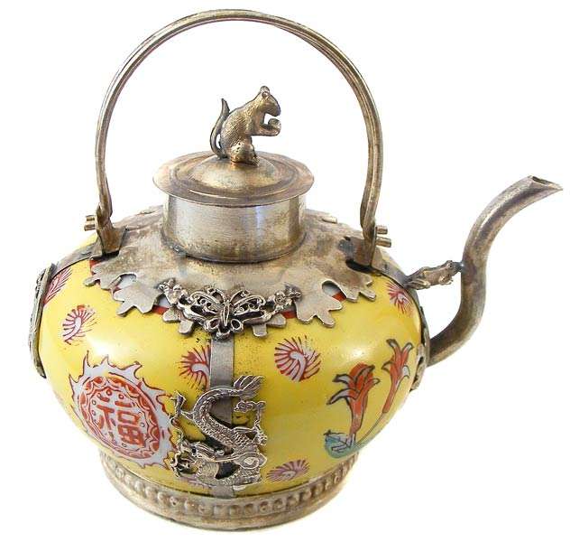 Authentic Chinese Handpainted Porcelain/Silverplated teapot!