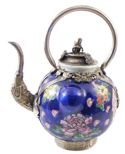 Magnificent Chinese Handpainted Porcelain/Silverplated teapot!