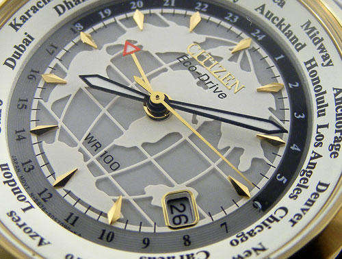 CITIZEN GoldTone Eco-Drive Atlas Sapphire GMT Worldtime!
