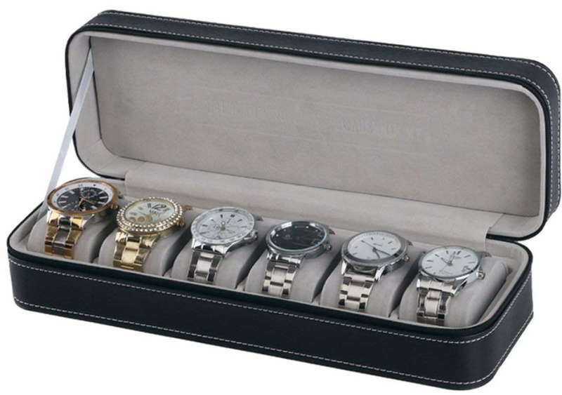 Watch/ Jewellery Storage, Organizer - Black Leatherette Case - 6 Slots