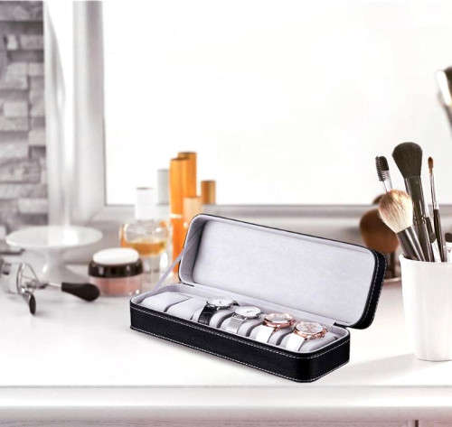 Watch/ Jewellery Storage, Organizer - Black Leatherette Case - 6 Slots