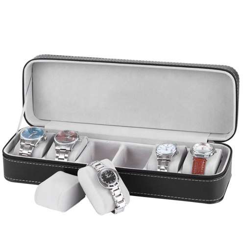 Watch/ Jewellery Storage, Organizer - Black Leatherette Case - 6 Slots