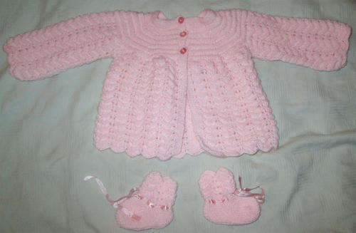 Handmade Woolen Pink Jacket & Booties - 0-3Months