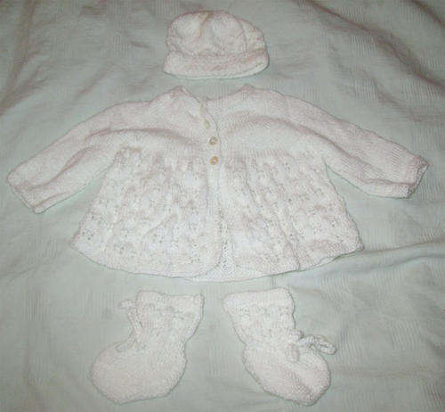 Handmade Woolen White Jacket, Cap & Booties - 0-3Months