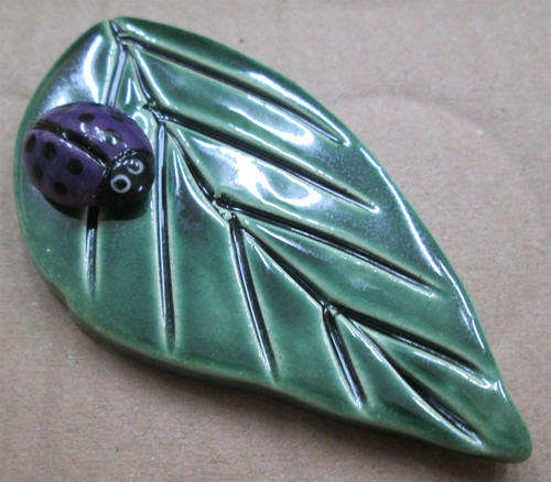 Glazed Ceramic Mosaic Insert - Large Leaf with Ladybug