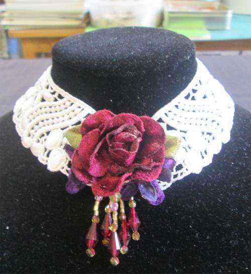 The Velvet Attic - Handmade Vintage Lace Choker with Velvet Flowers & Beads - White