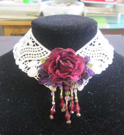 The Velvet Attic - Handmade Vintage Lace Choker with Velvet Flowers & Beads - White